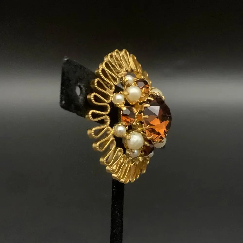 Vintage Austrian Crystal Brooch Pin Made In Austria Smokey Amber Brown Crystal